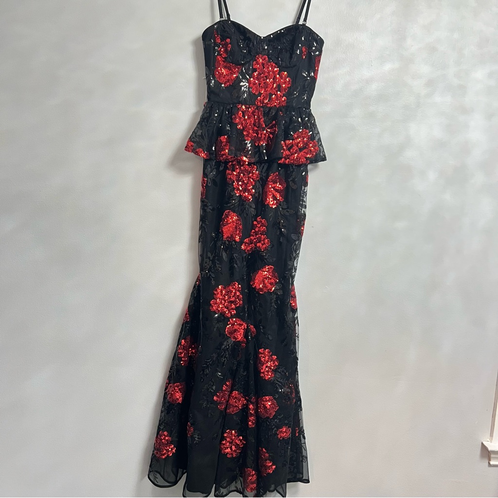 Dress The Population Black & Red Embellished Sequins Strapless Peplum Maxi Gown